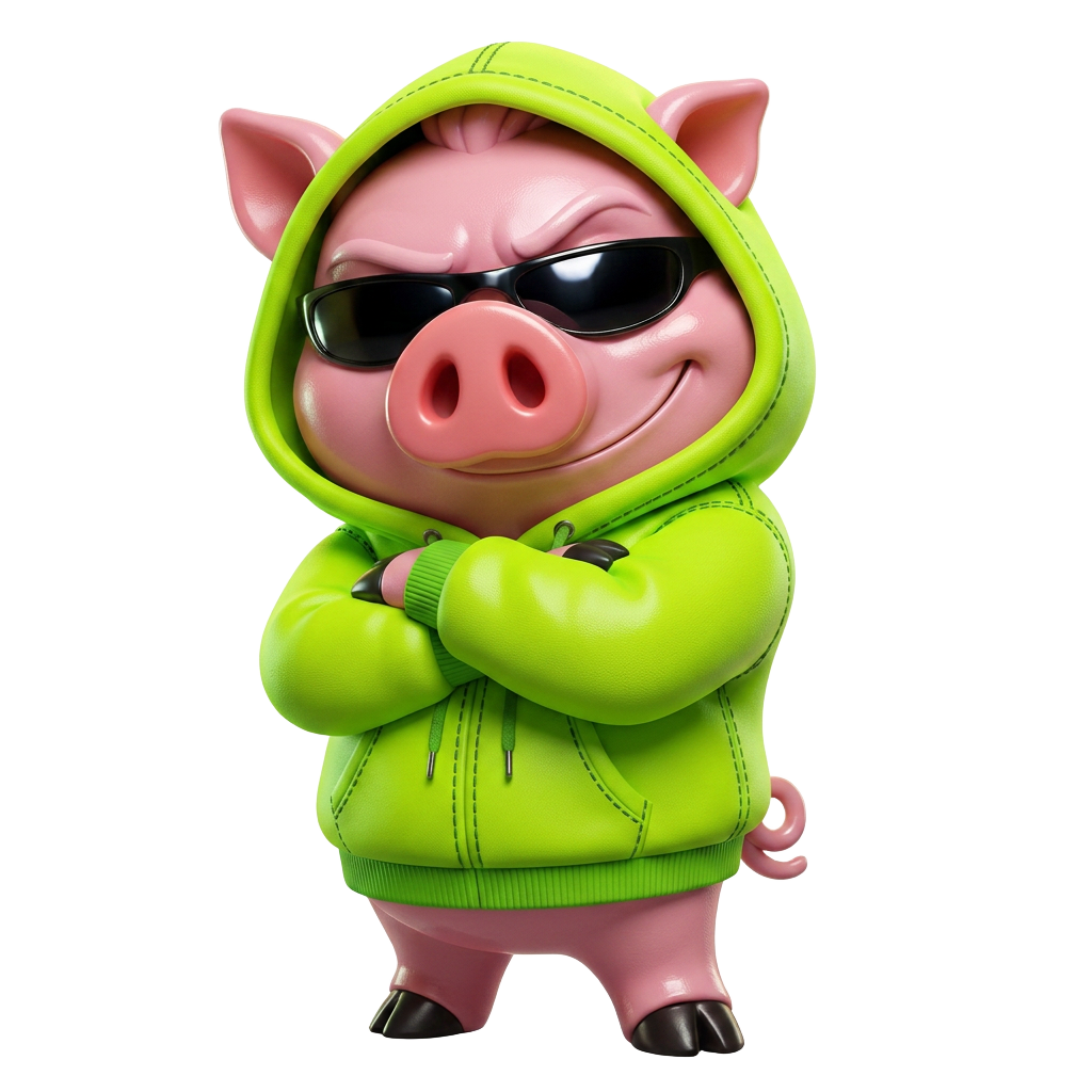 PORKU mascot: a green cartoon pig in black sunglasses with arms crossed
